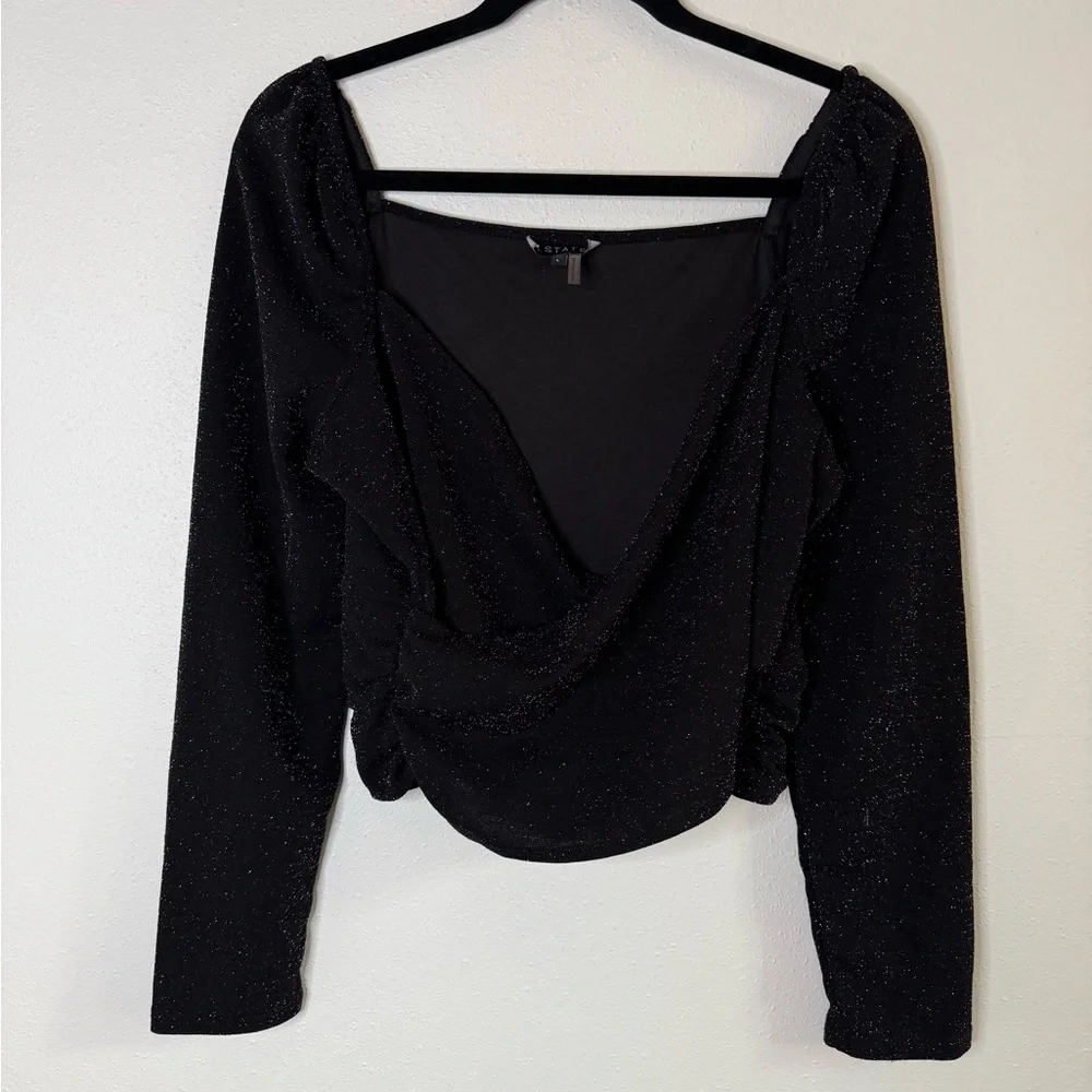 1 State Black Sparkle Square Neck Puff Sleeve Party Top L